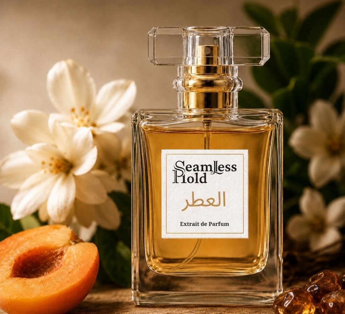 Seamless Hold perfume bottle with white flowers and apricot