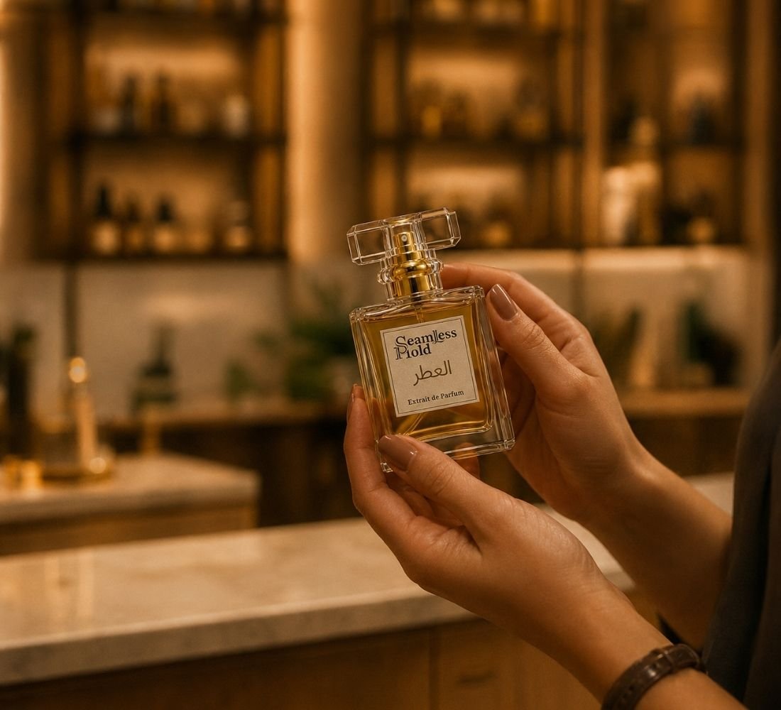 Customer holding a Seamless Hold perfume bottle in store