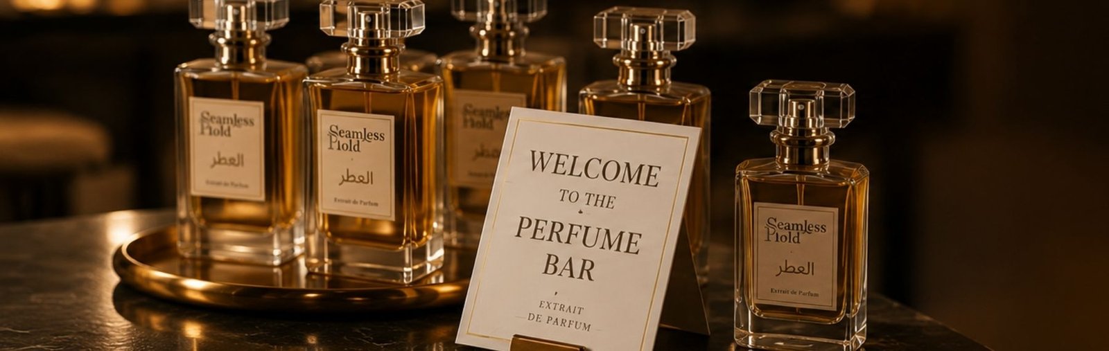 Seamless Hold Perfume Bar display with a welcome sign and perfume bottles