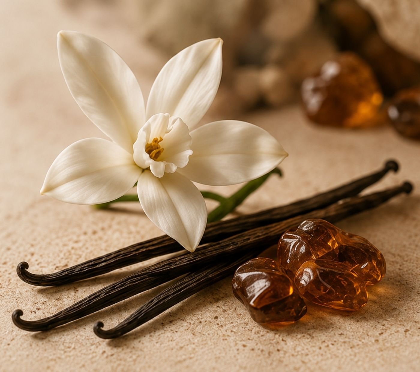 White flower with vanilla pods and amber resin