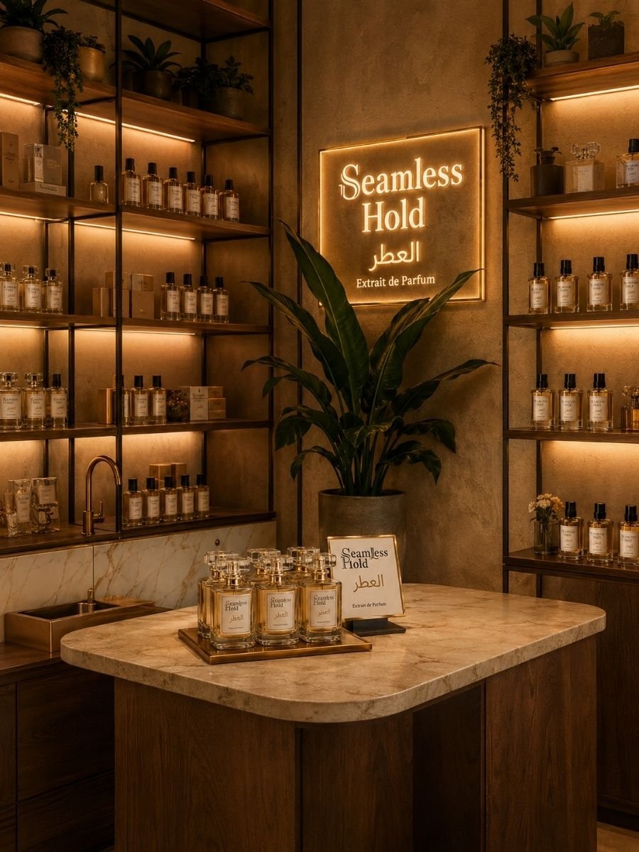 Fragrance store interior with illuminated perfume shelves