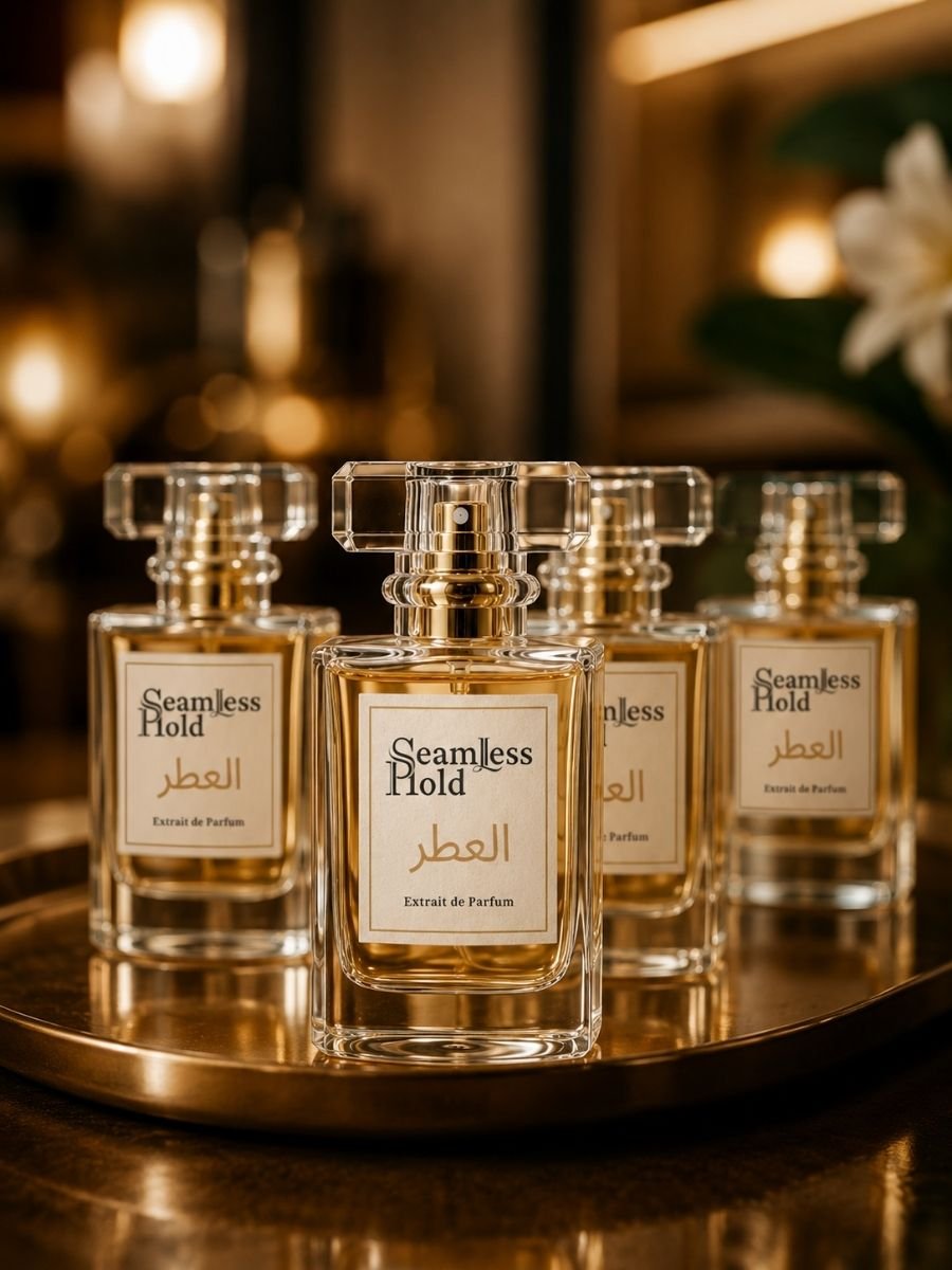 Seamless Hold perfume bottles on a gold tray