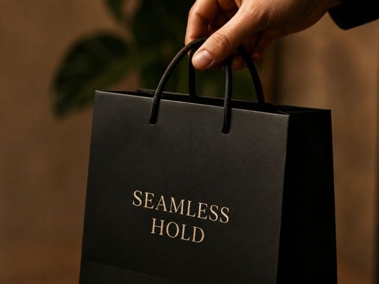 Hand carrying a black Seamless Hold shopping bag