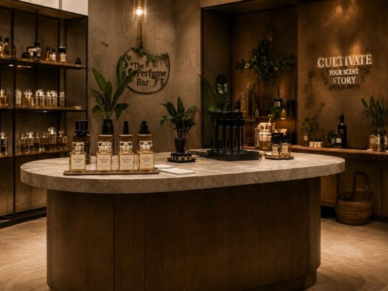 Seamless Hold Perfume Bar counter with fragrance shelves