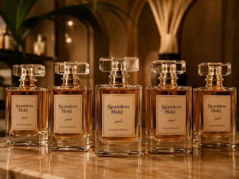 Row of Seamless Hold Extrait de Parfum bottles on a display counter